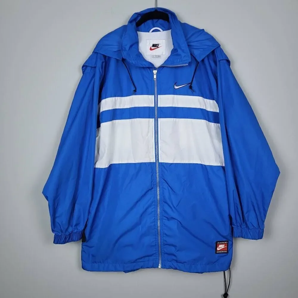 VTG 90s Nike Mens Windbreaker Jacket Size Medium Blue Hooded Full Zip White Tag